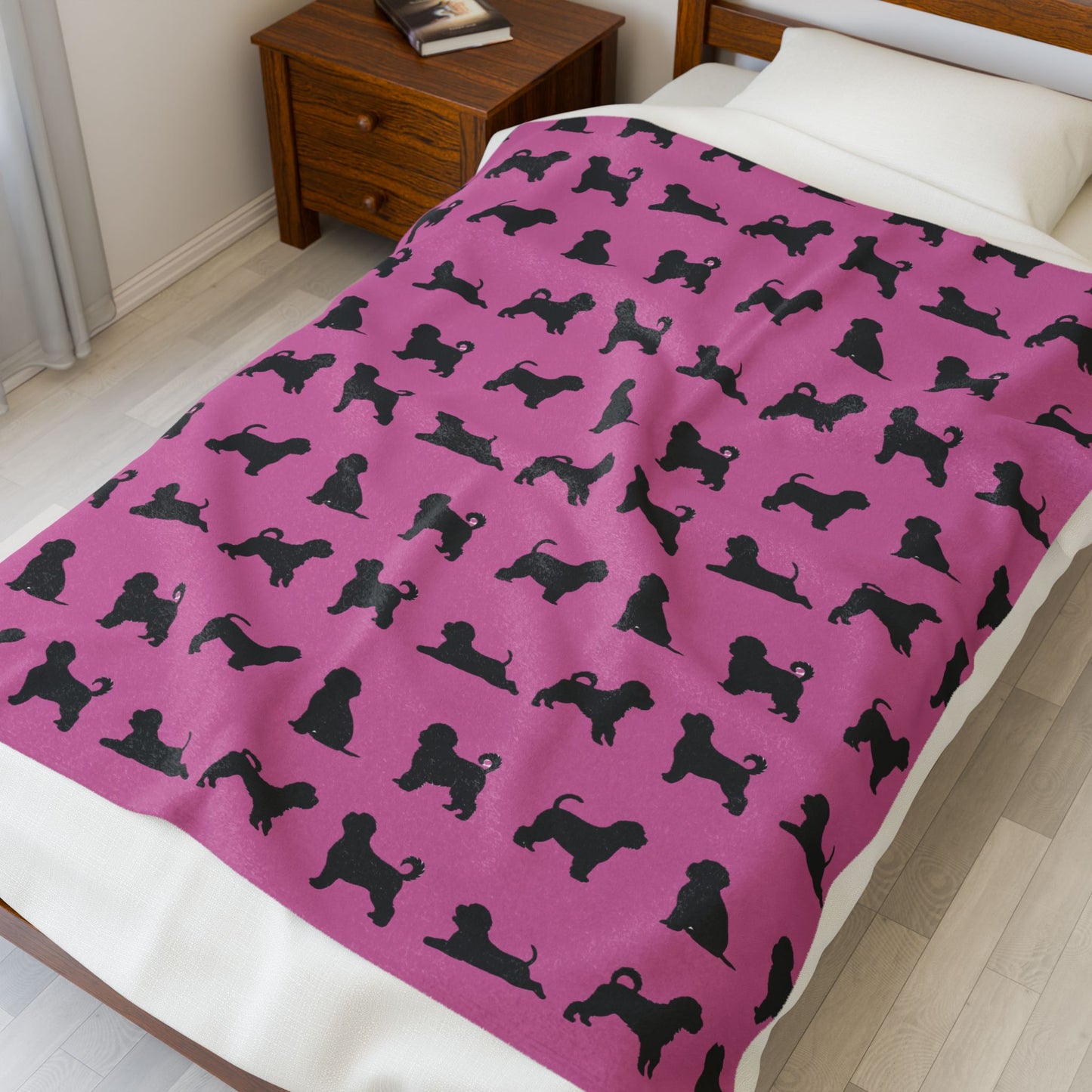 Havanese Silhouette Velveteen Blanket (Pink)