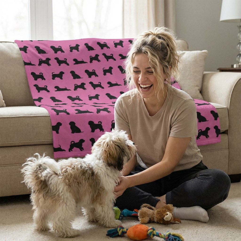 Havanese Silhouette Velveteen Blanket (Pink)